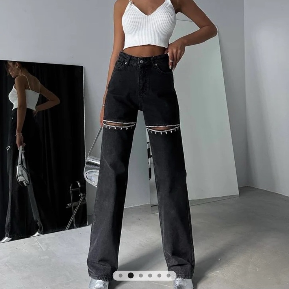 Chic Black Wide Leg Jeans with Rhinestone Cut Out Detailing